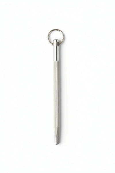 A slim, silver-toned metal keychain tool with a circular split ring, shown vertically on a plain white background.