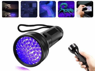 Black UV flashlight with a wrist strap, shown on a white background with inset images demonstrating its use under UV light for bug, hand, bed, and car inspections.