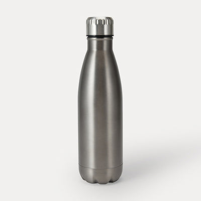 Silver insulated bottle on a white background