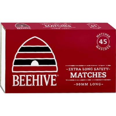 Red box of Beehive matches with a bee hive logo on a white background