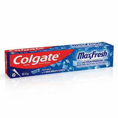 A 12-count box of Colgate MaxFresh Ultrafreeze Ceed Edition mouth breath strips, featuring a blue and red design with ice graphics, shown on a white background with a reflection.