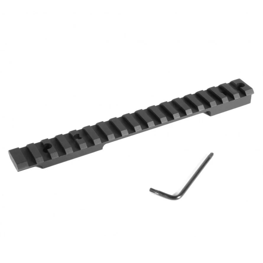 Black rifle scope rail with a screw on a white background