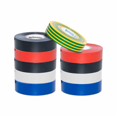 Two rolls of electrical tape with color-coded stripes on a white background