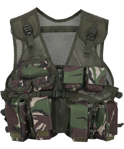 Camouflage tactical vest with multiple pockets and straps on a white background