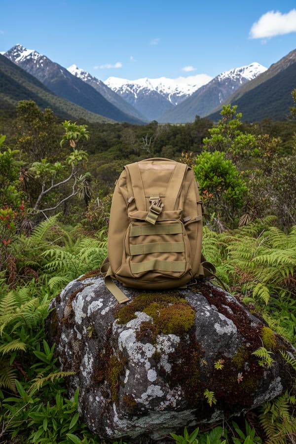 Tan backpack on a rock with a mountainous landscape in the background