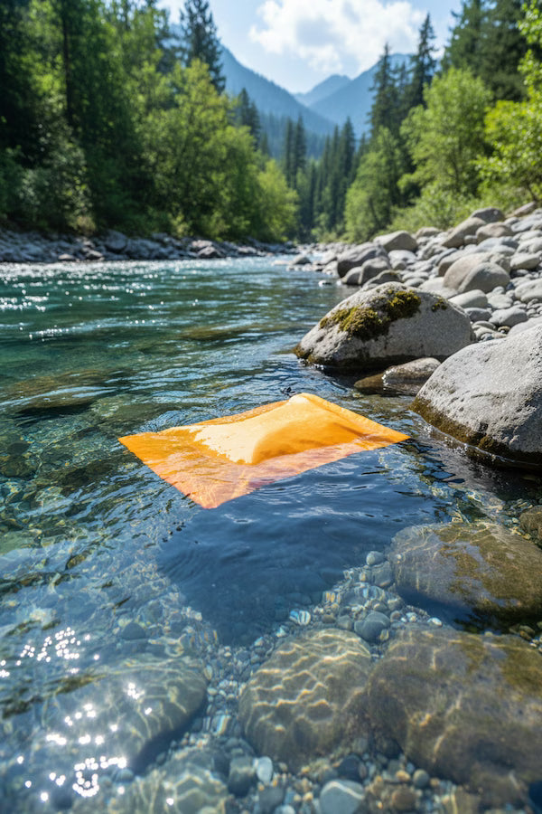 Orange fabric floating in a clear river with trees and mountains in the background