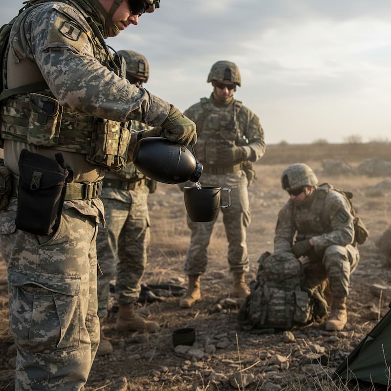 Soldiers in digital camouflage uniforms preparing water in an outdoor desert setting, with one soldier pouring from a black canteen into a cup.