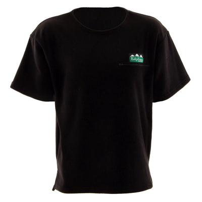 Black t-shirt with a green logo on a white background