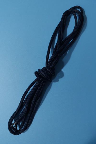 Black shoelace on a blue background