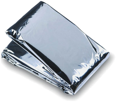 Metallic silver emergency blanket on a white background