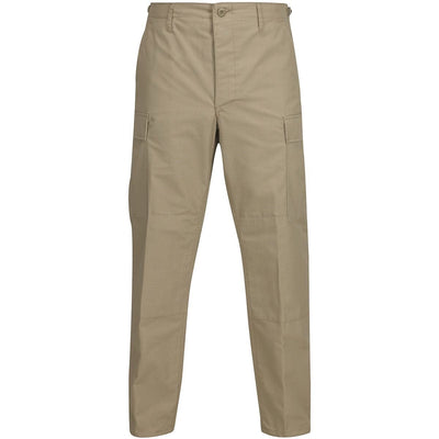 A pair of khaki cargo pants shown flat against a solid white background.