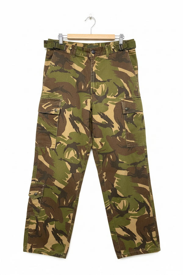 A pair of camouflage cargo pants in a classic green, brown, and tan pattern, hanging from a wooden hanger against a plain white background.
