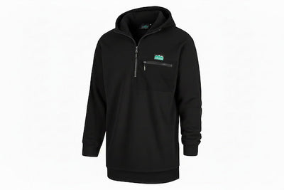 Black hoodie with a small logo on the chest against a white background