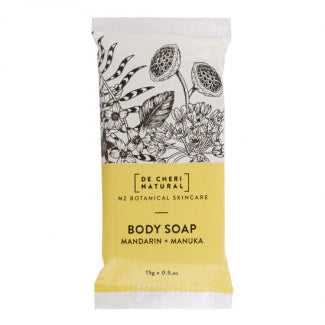 Body soap packaging with botanical design and text on a white background