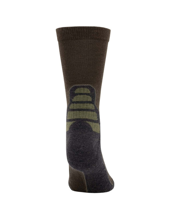 Brown and black sock with a logo on a white background