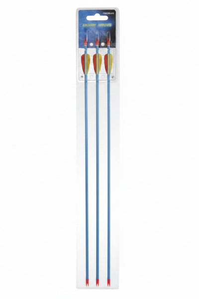 Three blue bowfishing arrows with red and yellow fletching, packaged in a clear plastic blister pack with a blue header card.