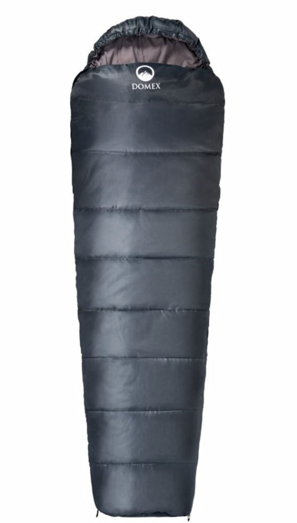 A black mummy-style sleeping bag with horizontal quilted baffles and a hood, shown against a plain white background. The brand name 'DOMEX' is printed in white near the top collar.