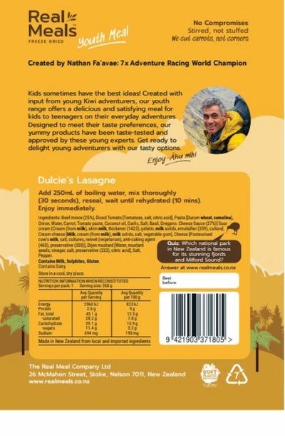 Back of a Real Meals youth meal package with branding and recipe details.