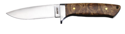 A walnut sheath knife with a stainless steel blade and a brown walnut handle, accompanied by a leather sheath.