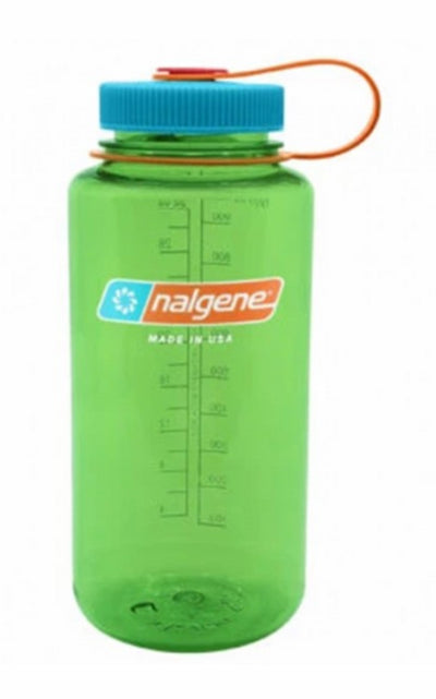 Green Nalgene water bottle with blue lid on a white background