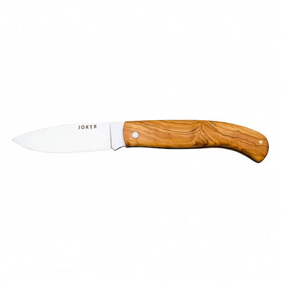 A fixed-blade knife with a silver-colored steel blade and a polished olive wood handle, featuring the brand name 'JOKER' engraved on the blade, set against a plain white background.