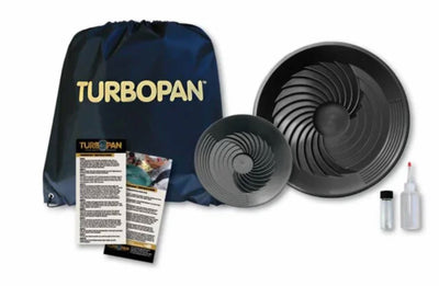 Turbopan product set with two black metal pans, a blue drawstring bag, and documentation on a white background.