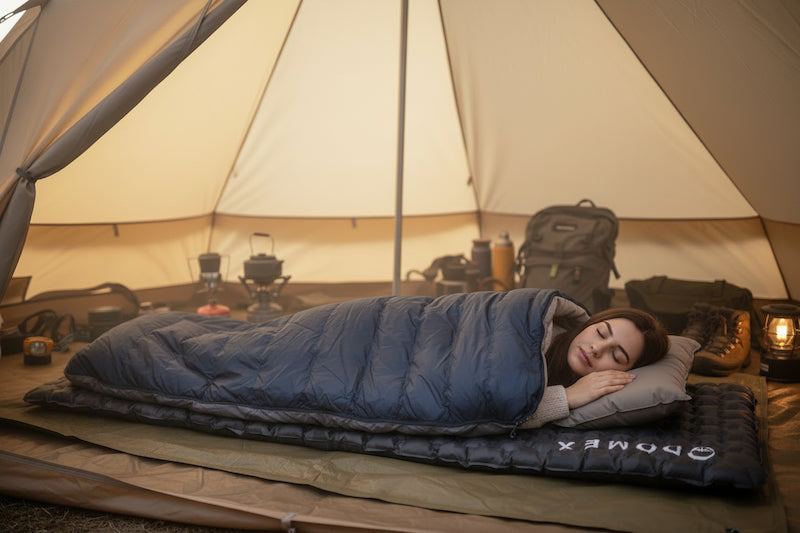 Person lying in a sleeping bag inside a tent with camping gear around