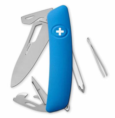 A blue and silver multi-tool pocket knife with its tools extended, including a blade, scissors, tweezers, and a bottle opener, on a white background.