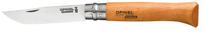 An Opinel folding pocket knife with a silver stainless steel blade and a light brown wooden handle, shown against a plain white background.