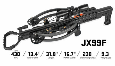 Black crossbow labeled JX99F on a white background, with dimensions and performance specs shown below: up to 430 FPS, 13.4 inches axle-to-axle, 31.