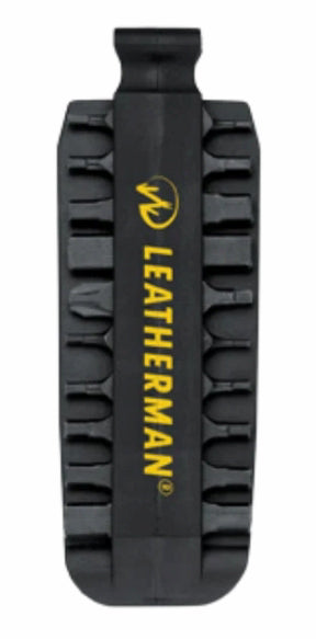 Black Leatherman tool pouch with yellow branding on a white background