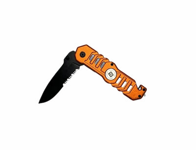 Orange folding knife with a black blade on a white background