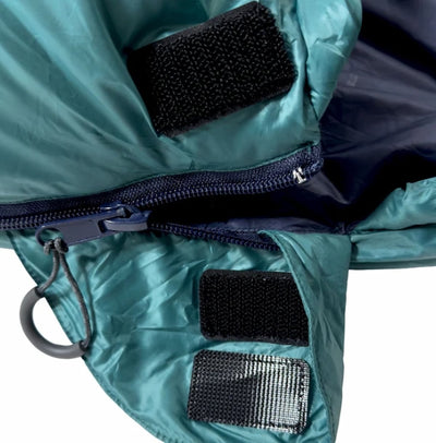 Close-up of a teal jacket with black patches and a zipper