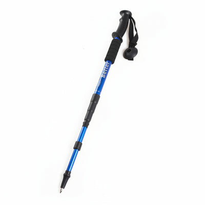 A blue and black adjustable hiking pole with a wrist strap, shown diagonally on a plain white background.
