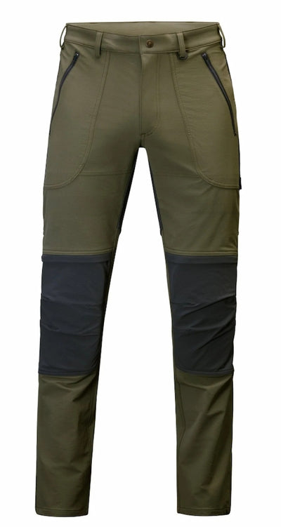 Green and navy hiking pants on a white background