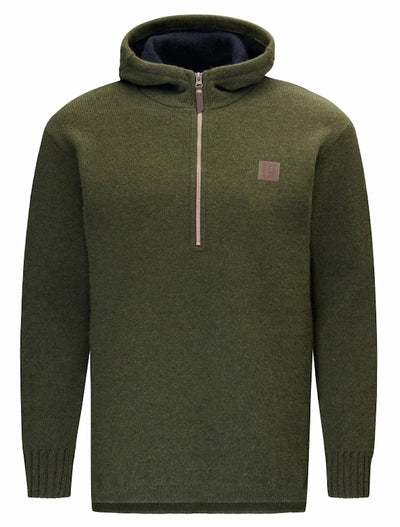 Green sweater with a small logo on a white background