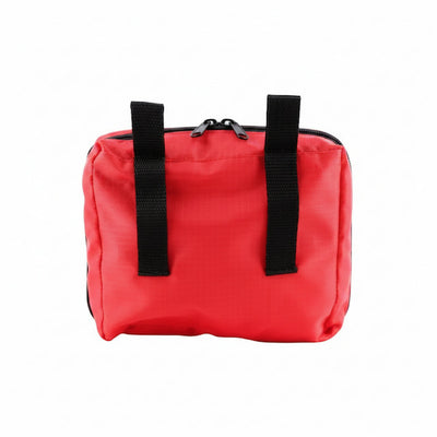 A red zippered utility pouch with two black webbing handles, shown against a plain white background.