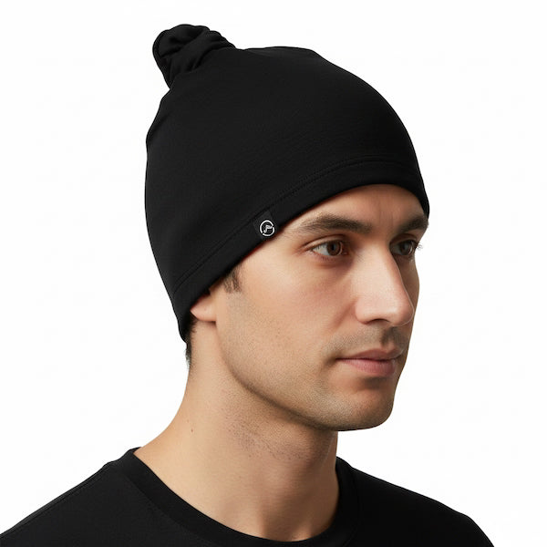Man wearing a black beanie on a white background