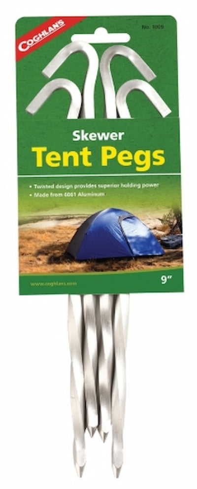 Coghlan's tent pegs packaging with skewer design on a green background