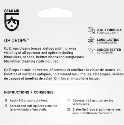 Gear Aid Op Drops packaging with instructions and product details.