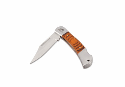 Folding knife with wooden handle on a white background