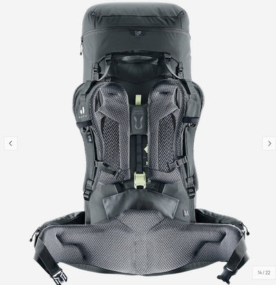 A dark gray and black technical hiking backpack shown from the back, featuring a padded hip belt, breathable mesh back panels, and compression straps, set against a plain light gray background.