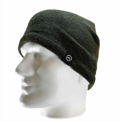 A dark olive green ribbed knit beanie hat displayed on a white mannequin head against a plain white background.