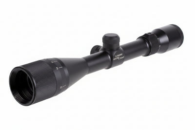 A black Zeiss 3-90mm riflescope scope photographed at an angle on a clean white background.
