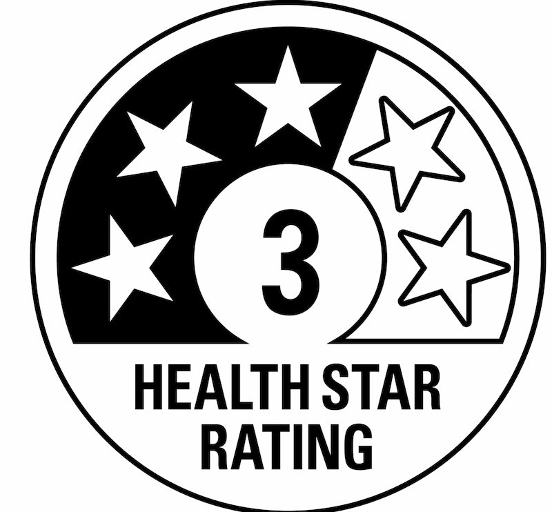Three-star health rating emblem with number '3' and 'HEALTH STAR RATING' text.