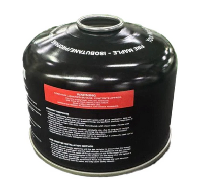 Black propane tank with warning label on a white background