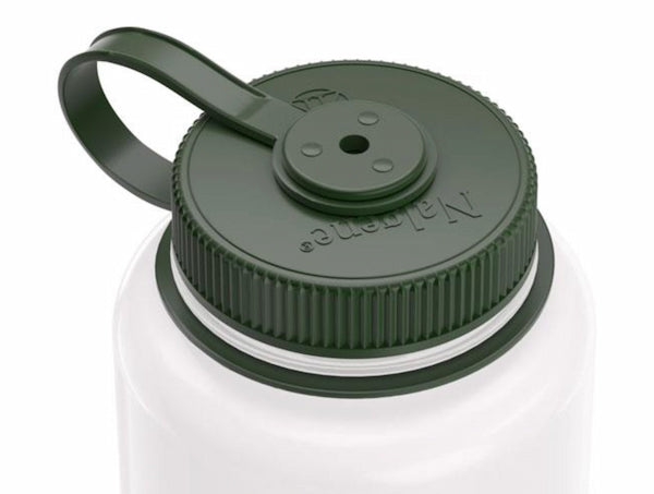 Green lid with handle on a clear bottle against a white background