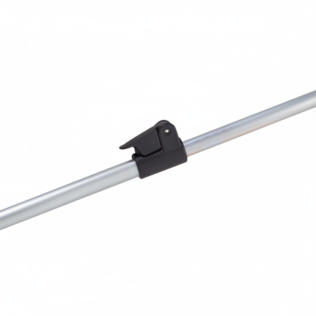 Black clip on a metal rod against a white background