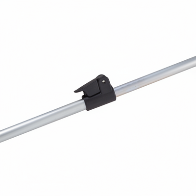 Black clip on a metal rod against a white background