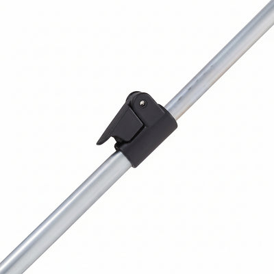 A close-up of a black plastic clip or clamp attached to a silver metal rod, shown against a plain white background.